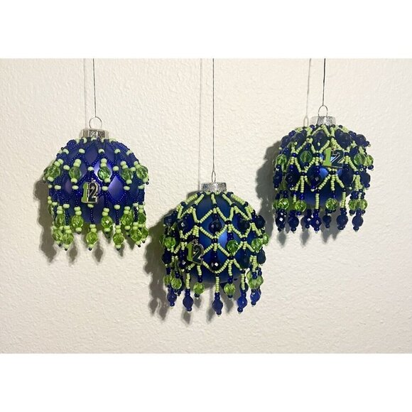 3 Seahawks Christmas Ornaments Bulbs Balls Beaded Net Beads Cover Fan #12 - Picture 12 of 12